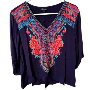 Calessa Purple Embroidered V-Neck Boho Blouse Bell Sleeve Tiered Layered Hem PL